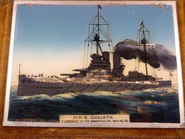 Reverse Glass Painted Picture of H.M.S. GOLIATH Memorialising her sinking in the Dardanelles 12th May 1915 during WW1 — image 2