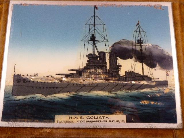 Reverse Glass Painted Picture of H.M.S. GOLIATH Memorialising her sinking in the Dardanelles 12th May 1915 during WW1 — image 7