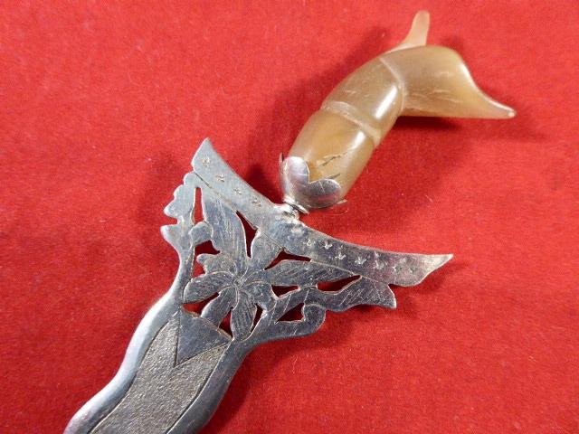 Vintage Javanese Solid Silver Miniature Kris Dagger Letter Opener with Engraved Blade and Horn Grip — image 5