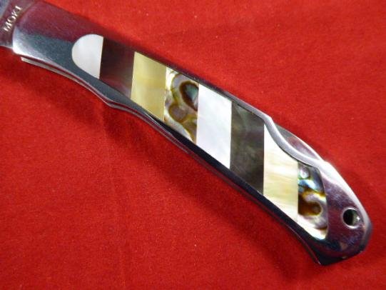 MOKI Lock Back Knife with a Beautiful White Pearl & Abalone Shell Inlayed Handle with Black Canvas & Leather Pouch. Circa 1999 — image 3