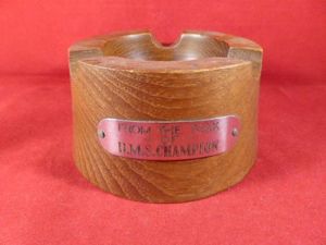 WW1 Teak Barrel Ashtray from H.M.S. CHAMPION 1915