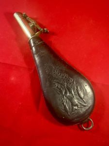 19th Century English Spring Loaded Embossed Leather Shot Powder Flask …