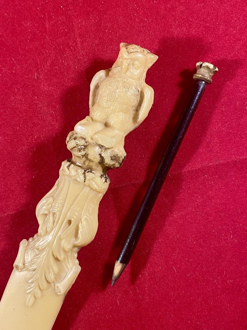 Unusual Moulded Owl Celluloid Letter Opener with Concealed Pencil Topped with a Crown — image 2