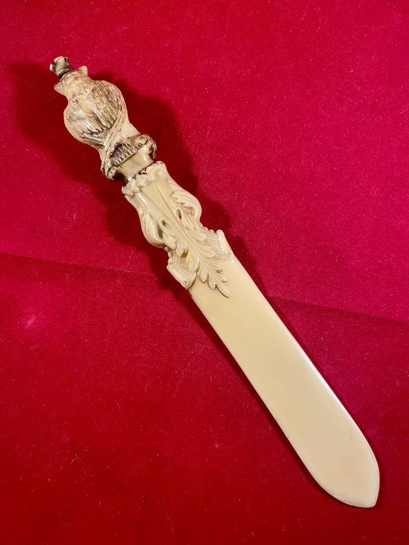Unusual Moulded Owl Celluloid Letter Opener with Concealed Pencil Topped with a Crown — image 3