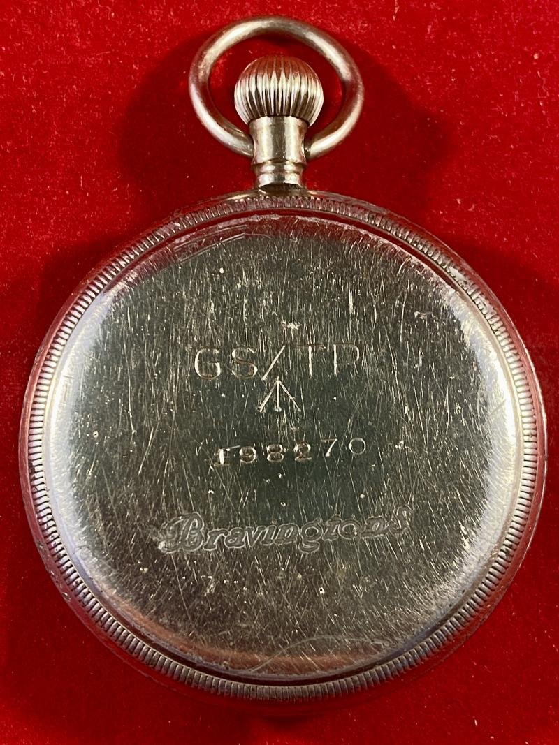 WW2 British Military Swiss made Pocket Watch Marked G.S.T.P. 198270 Retailed by Bravingtons London — image 5