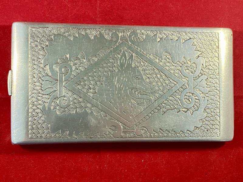 WW2 Italian POW made Aluminium Trench Art Cigarette Case Depicting a Horse and Dog — image 2