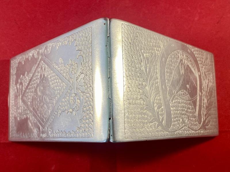 WW2 Italian POW made Aluminium Trench Art Cigarette Case Depicting a Horse and Dog — image 5