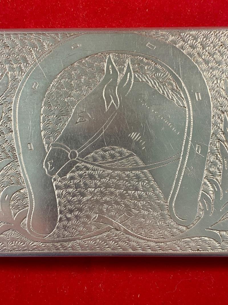 WW2 Italian POW made Aluminium Trench Art Cigarette Case Depicting a Horse and Dog — image 6