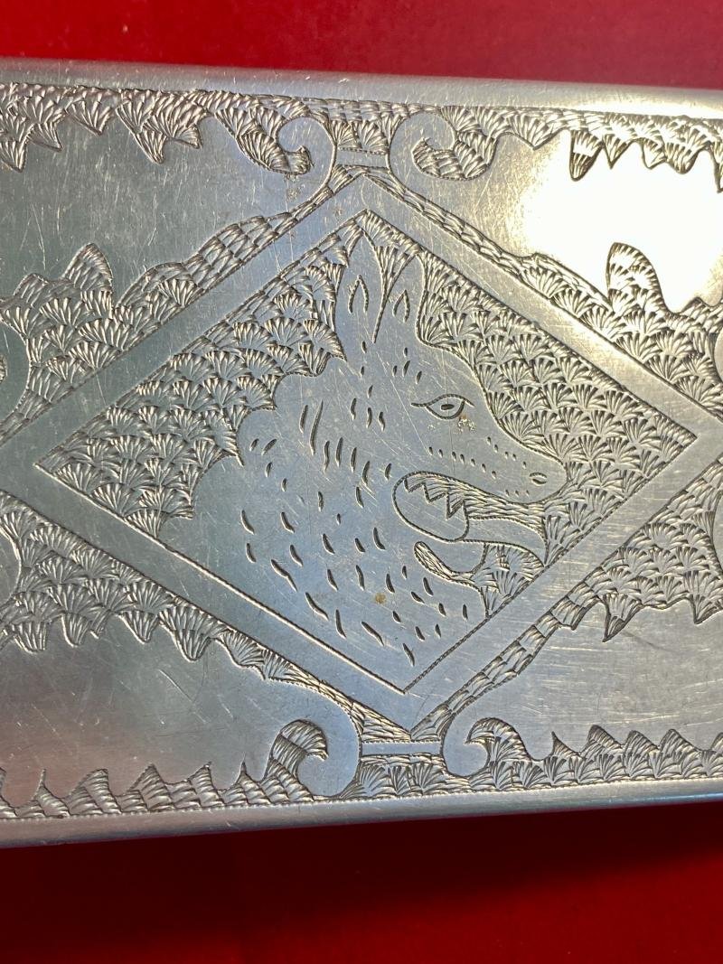 WW2 Italian POW made Aluminium Trench Art Cigarette Case Depicting a Horse and Dog — image 7