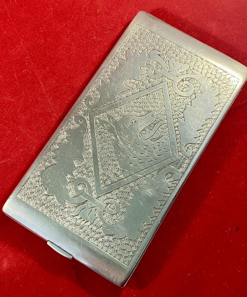 WW2 Italian POW made Aluminium Trench Art Cigarette Case Depicting a Horse and Dog — image 8