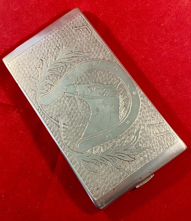 WW2 Italian POW made Aluminium Trench Art Cigarette Case Depicting a Horse and Dog — image 9