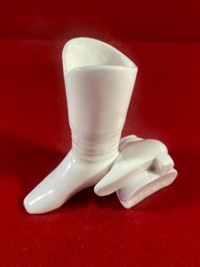 Unusual Antique Victorian White Bisque Porcelain Boots Match Holder with …