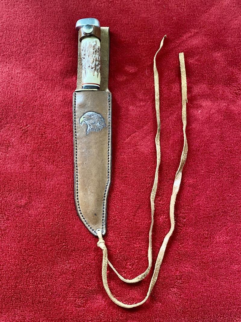 Large Original Bowie Knife by Wenoka of Japan with Embossed Eagle Head Leather Sheath c1960 — image 2