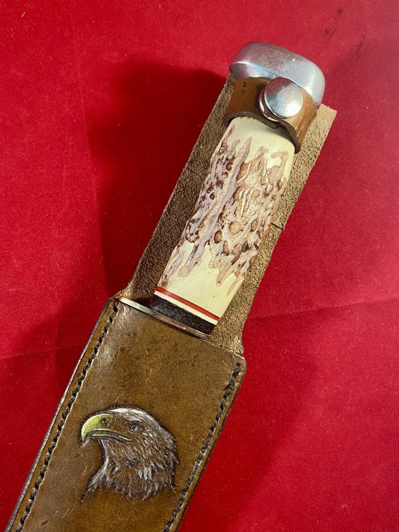 Large Original Bowie Knife by Wenoka of Japan with Embossed Eagle Head Leather Sheath c1960 — image 4