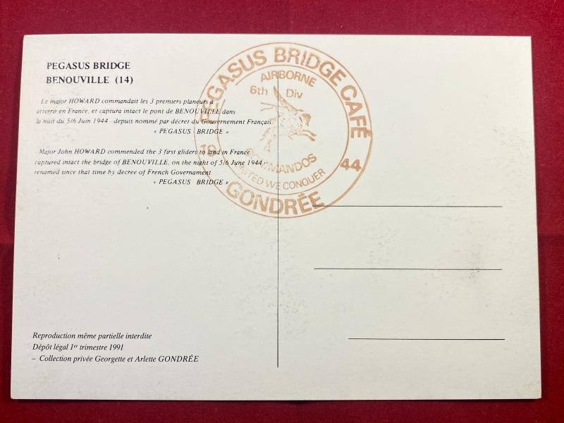 Rare Commemorative D-Day Landing Postcard from the Famous Pegasus Bridge Café signed by Major John Howard DSO c1980 — image 2