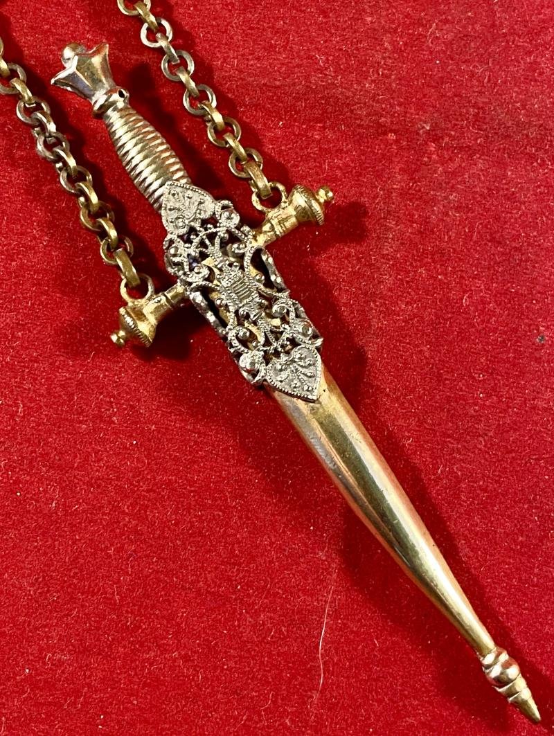 Rare Victorian Embroidery Sewing Scissors with a Gilt Metal Case in the Shape of a Renaissance Style Dagger c1890 — image 10