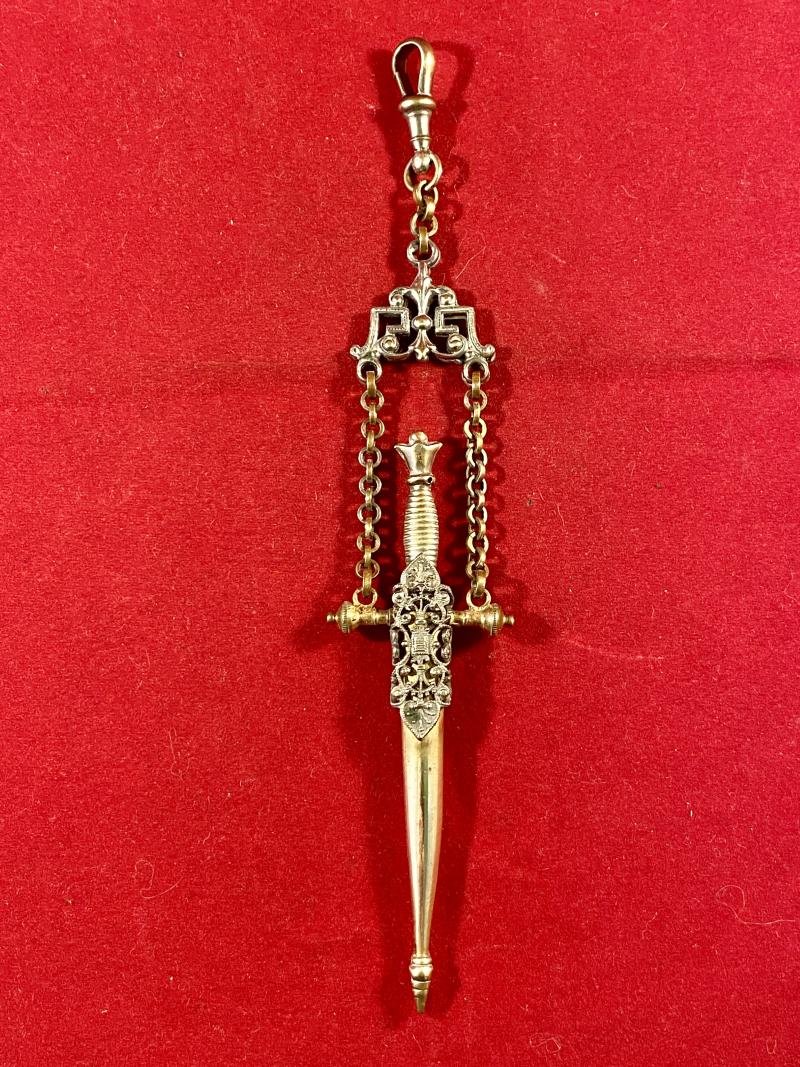 Rare Victorian Embroidery Sewing Scissors with a Gilt Metal Case in the Shape of a Renaissance Style Dagger c1890 — image 2