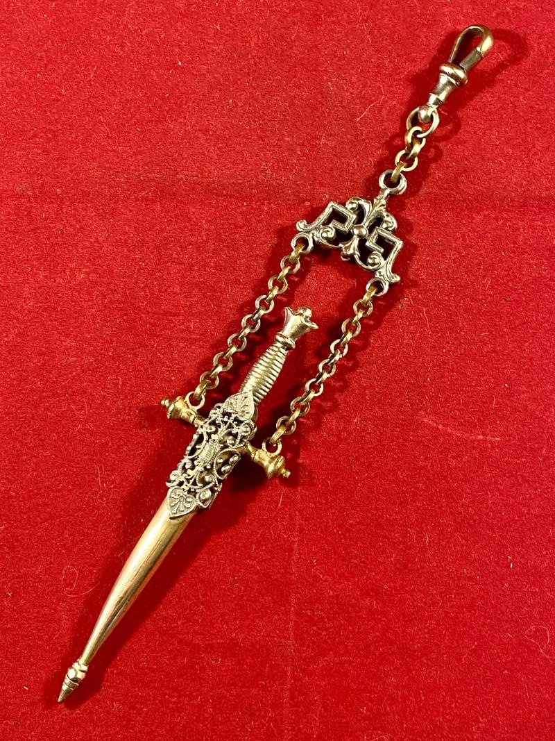 Rare Victorian Embroidery Sewing Scissors with a Gilt Metal Case in the Shape of a Renaissance Style Dagger c1890 — image 3