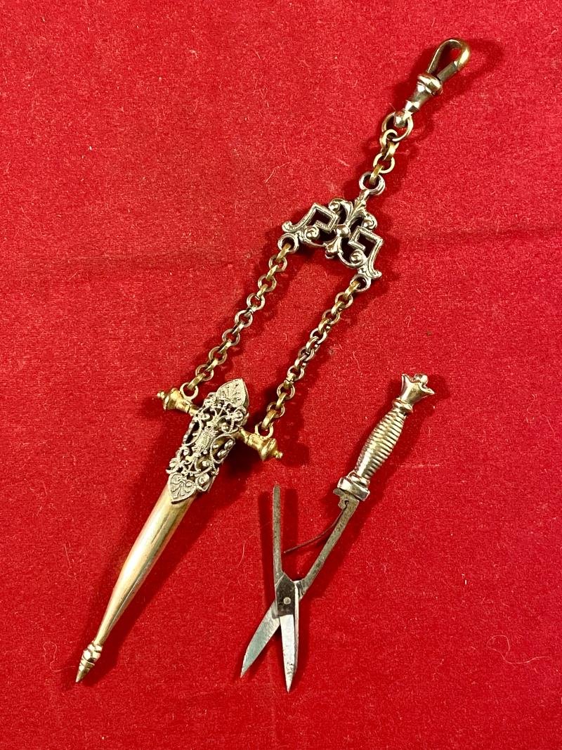Rare Victorian Embroidery Sewing Scissors with a Gilt Metal Case in the Shape of a Renaissance Style Dagger c1890 — image 4