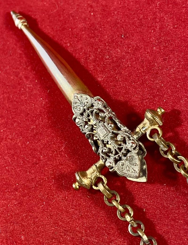 Rare Victorian Embroidery Sewing Scissors with a Gilt Metal Case in the Shape of a Renaissance Style Dagger c1890 — image 9