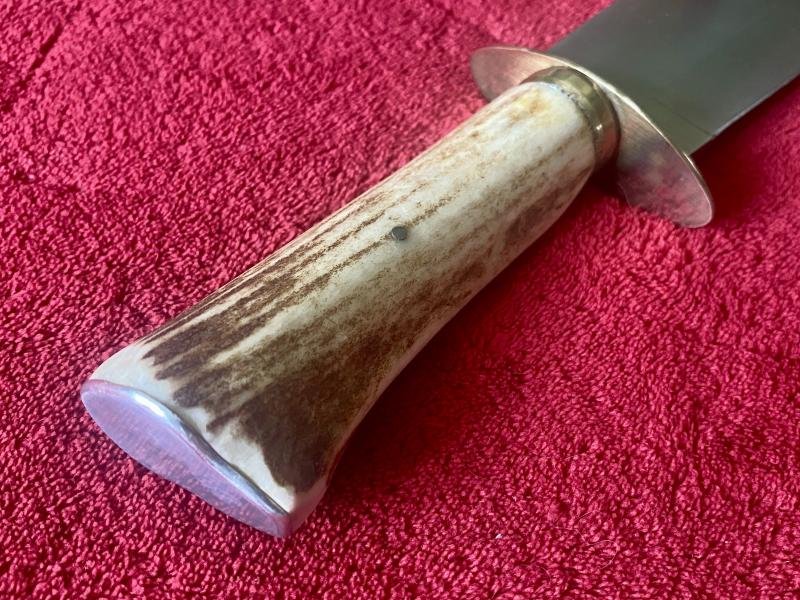 Handmade Vintage Bowie Knife with Impressive 9.5' Polished Steel Blade – Stag Antler Handle and Suede Sheath — image 5