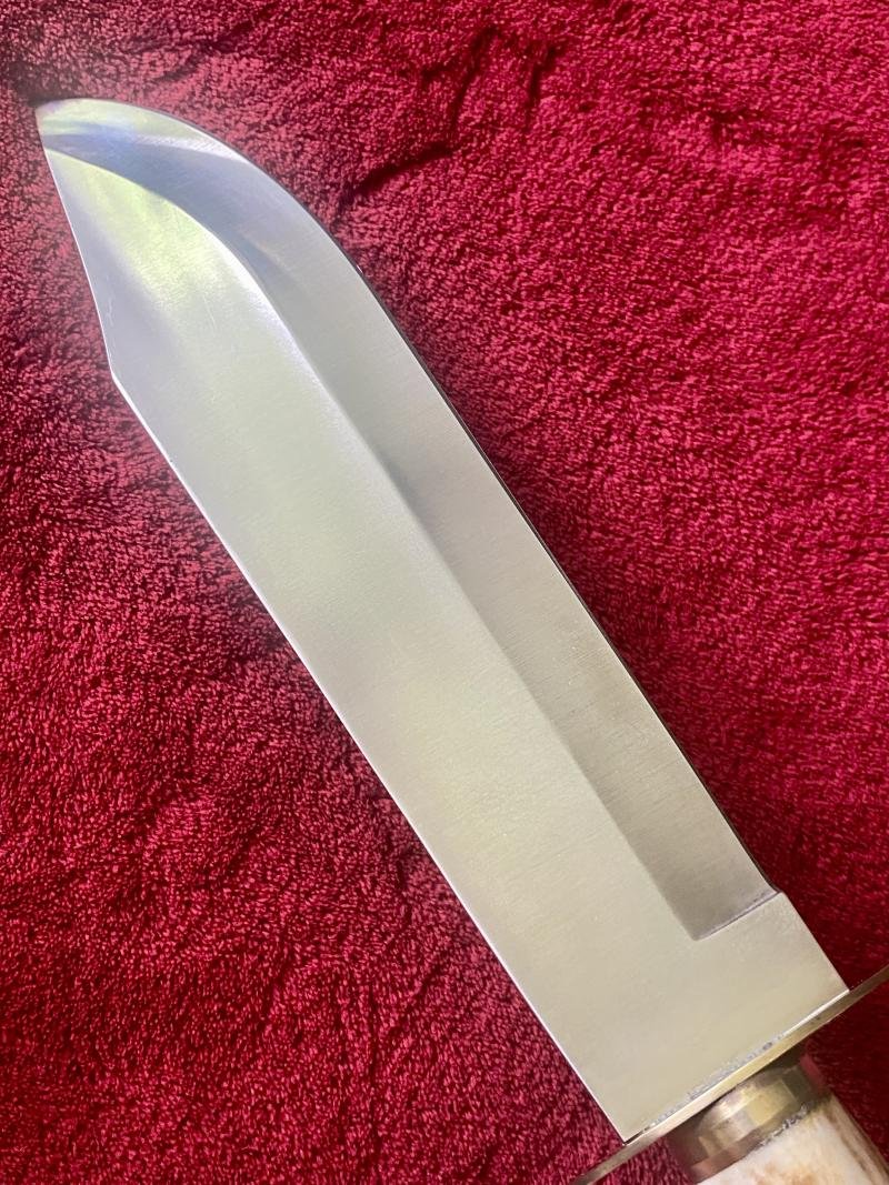 Handmade Vintage Bowie Knife with Impressive 9.5' Polished Steel Blade – Stag Antler Handle and Suede Sheath — image 8