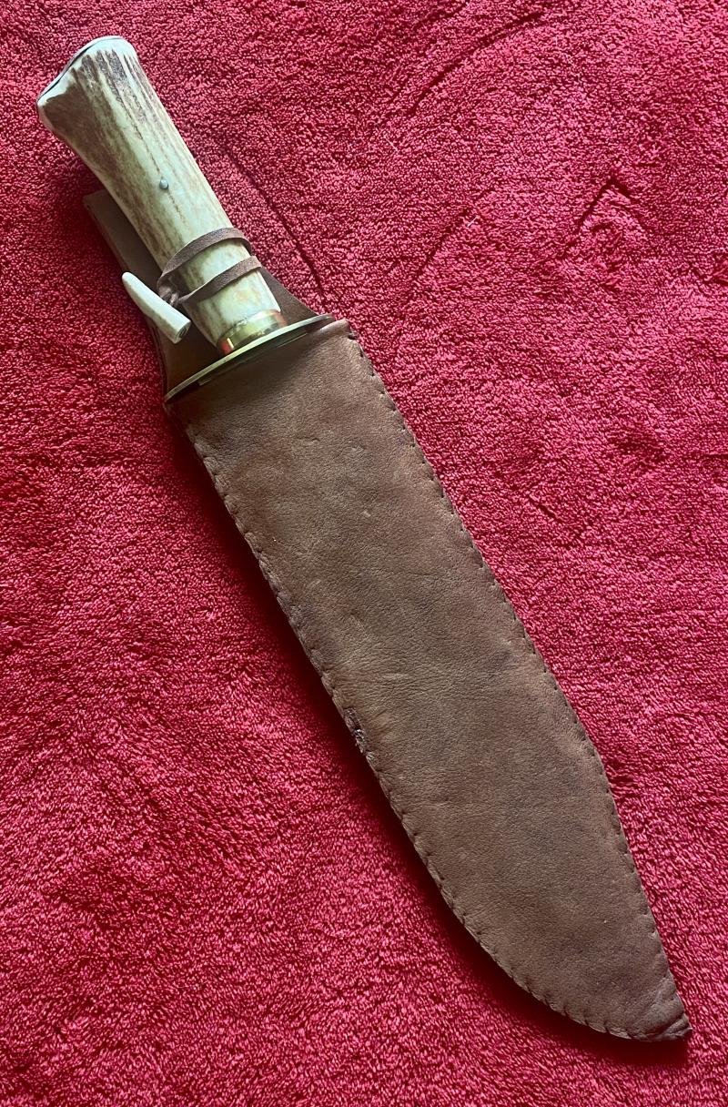 Handmade Vintage Bowie Knife with Impressive 9.5' Polished Steel Blade – Stag Antler Handle and Suede Sheath — image 9