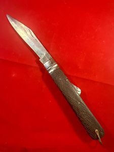Unusual Large Antique Folding Lock-Back Knife with Chequered Wood Grip …