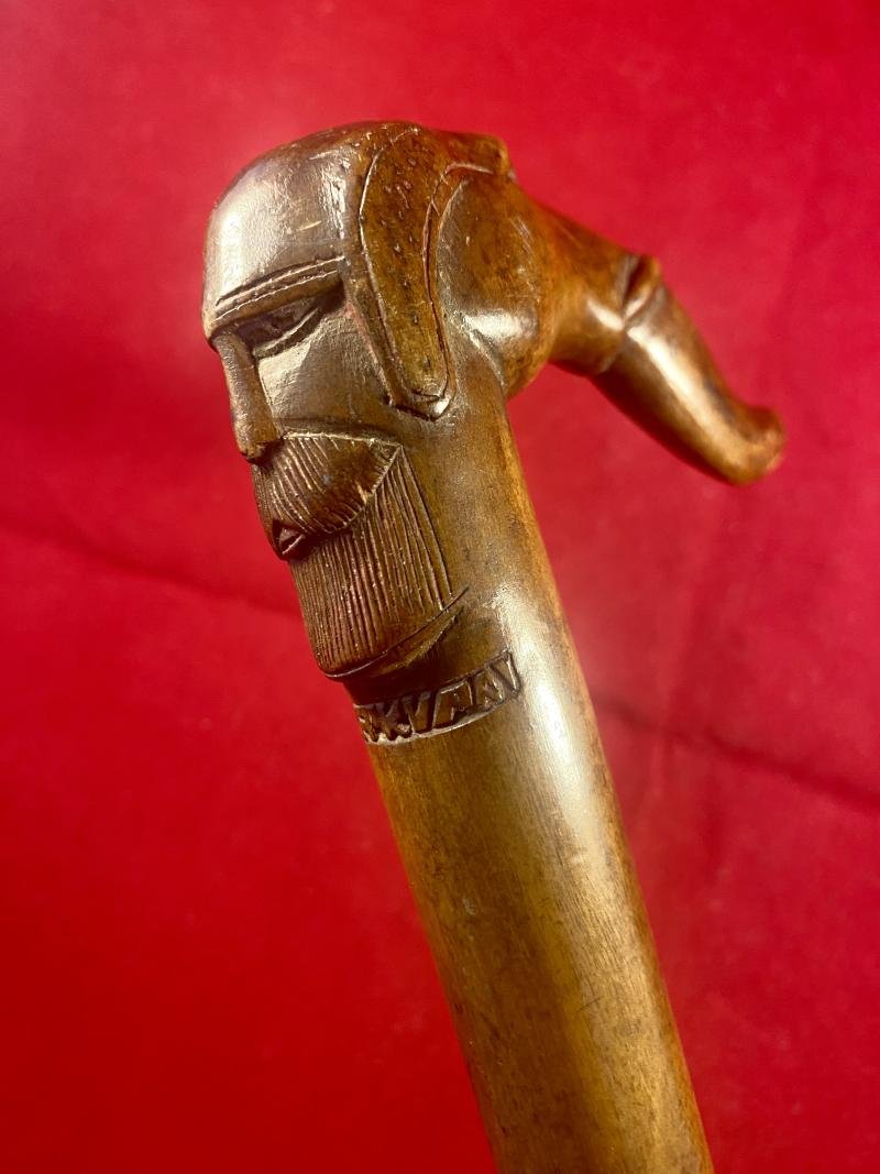 Antique Olive Wood Greek KEPKYPA (Corfu) Walking Stick with Carved Grip Depicting an Elephant's Head and a Bearded Man's Head — image 2