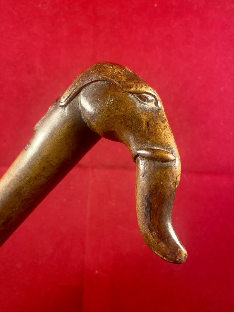 Antique Olive Wood Greek KEPKYPA (Corfu) Walking Stick with Carved Grip Depicting an Elephant's Head and a Bearded Man's Head — image 3