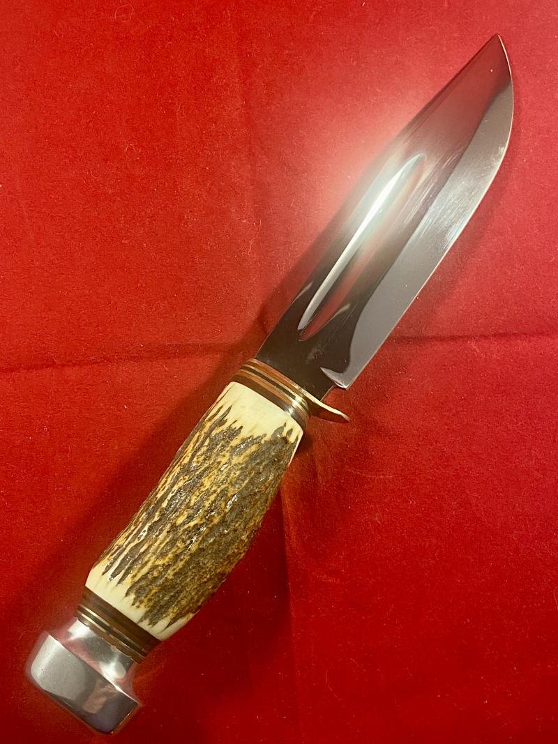 Near Mint Vintage German Hunting Bowie and Skinning Knife Set with Stag Antler Grips and Double Sleeved Leather Sheath by Doppelreh Solingen — image 5