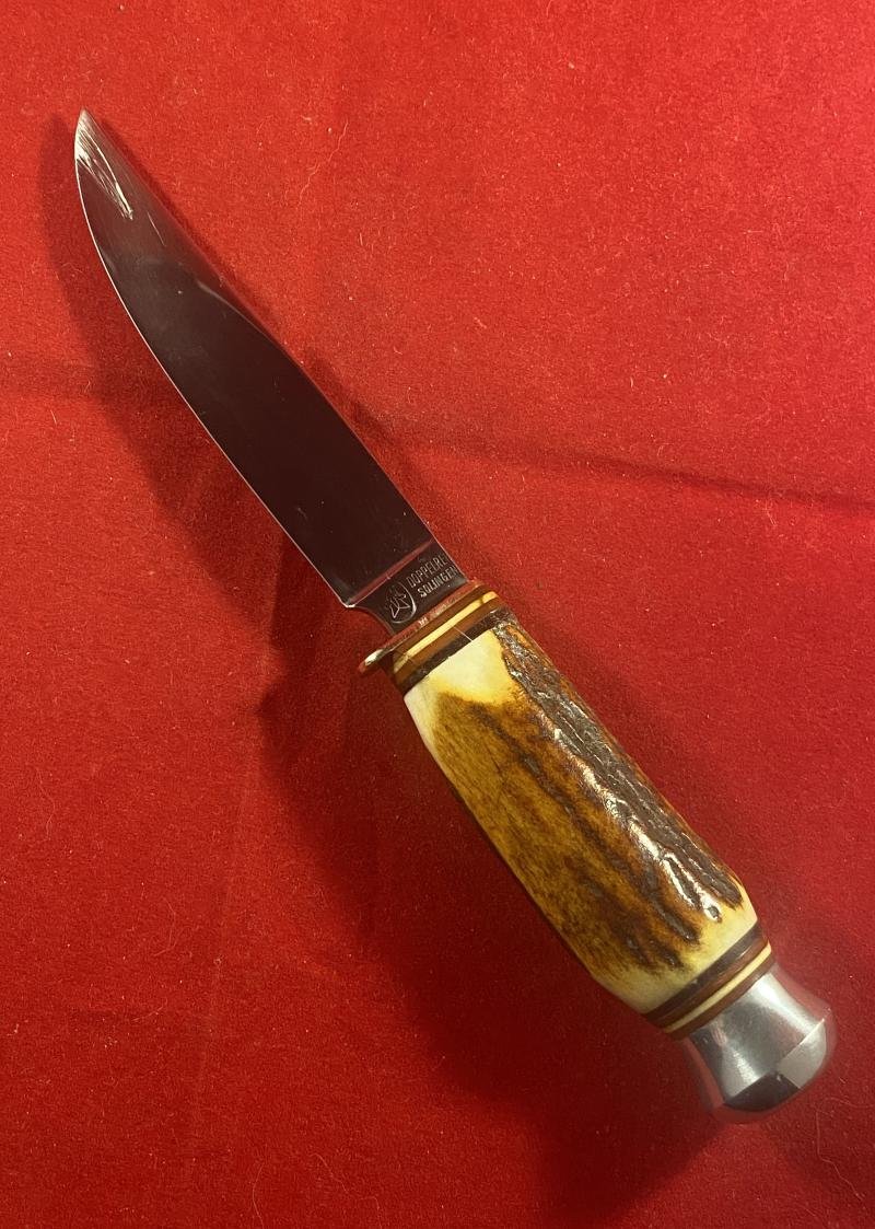 Near Mint Vintage German Hunting Bowie and Skinning Knife Set with Stag Antler Grips and Double Sleeved Leather Sheath by Doppelreh Solingen — image 6