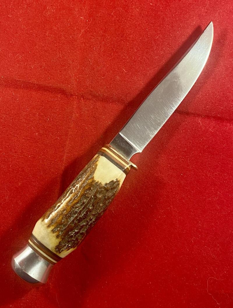 Near Mint Vintage German Hunting Bowie and Skinning Knife Set with Stag Antler Grips and Double Sleeved Leather Sheath by Doppelreh Solingen — image 7