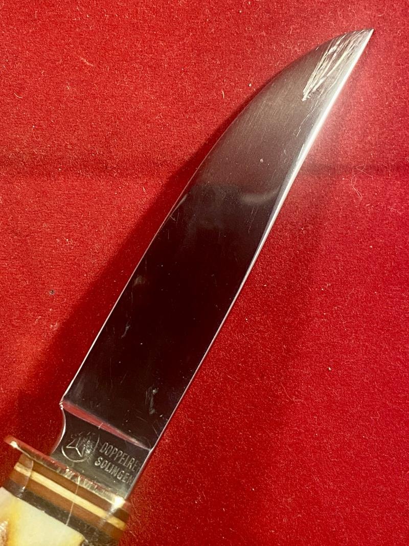 Near Mint Vintage German Hunting Bowie and Skinning Knife Set with Stag Antler Grips and Double Sleeved Leather Sheath by Doppelreh Solingen — image 8