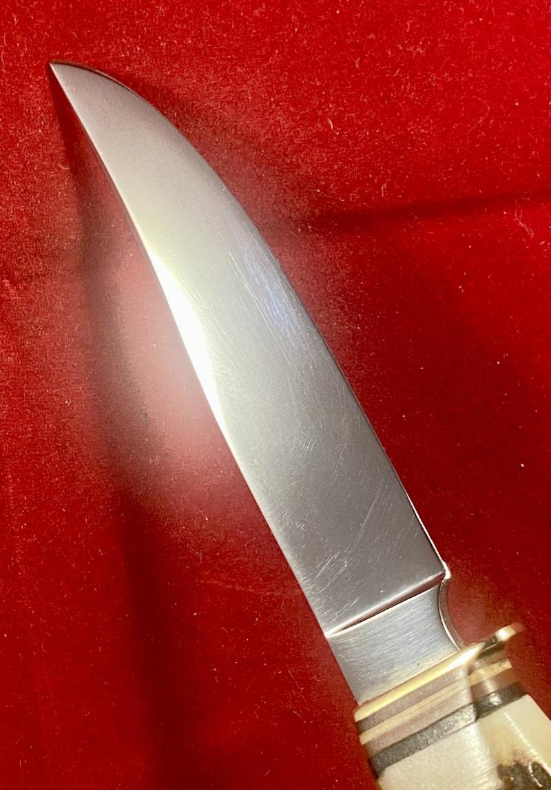 Near Mint Vintage German Hunting Bowie and Skinning Knife Set with Stag Antler Grips and Double Sleeved Leather Sheath by Doppelreh Solingen — image 9