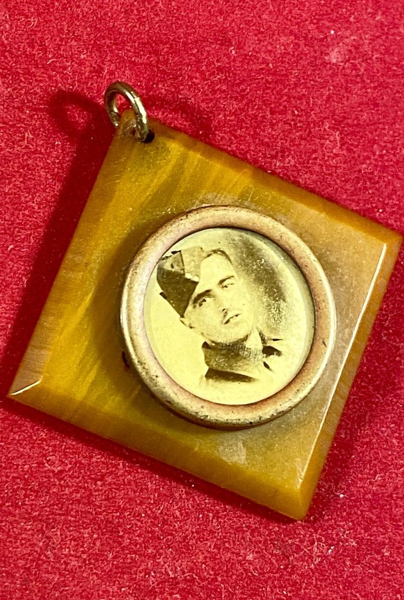 WW2 Butterscotch Bakelite Sweetheart Pendant set with a Photo of a Soldier — image 3