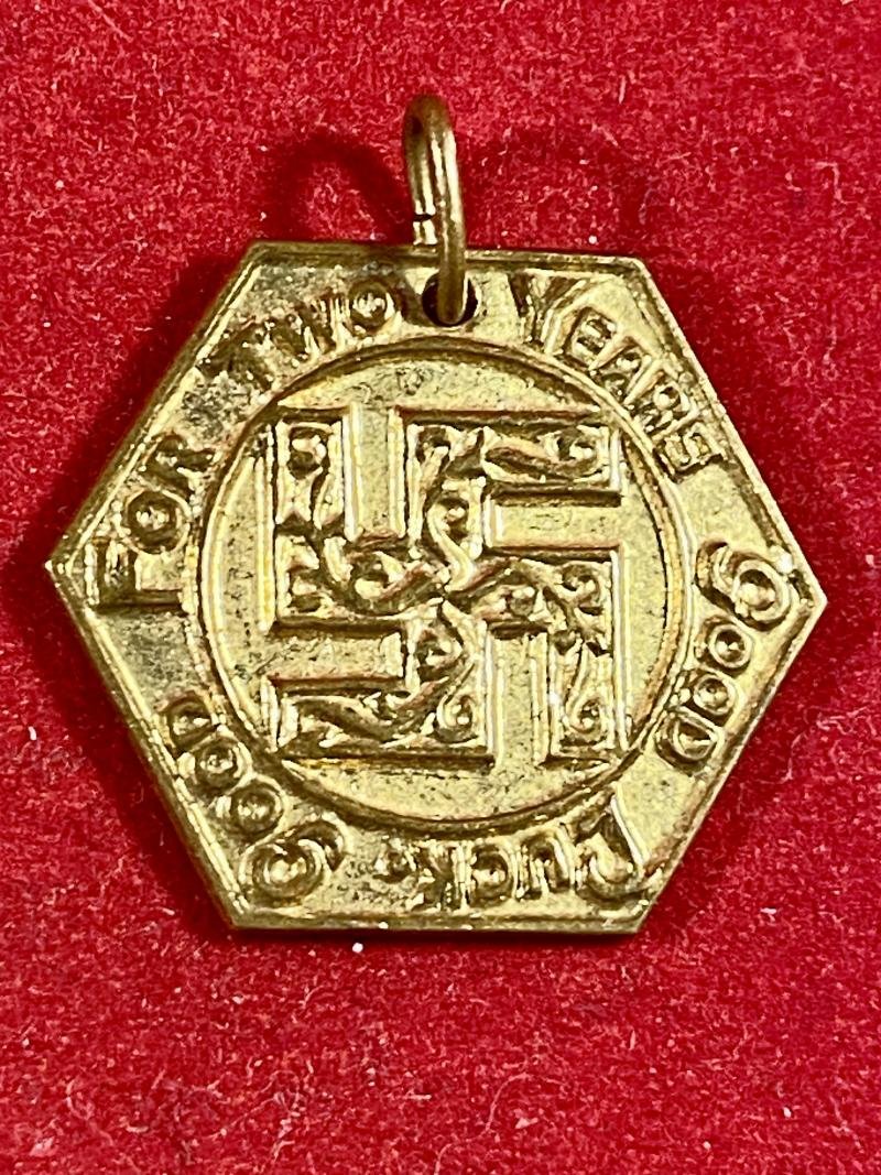 Pre WW2 Gilt Metal Swastika Token 'FOR TWO YEARS OF GOOD LUCK - GOOD LUCK' c1930 — image 2