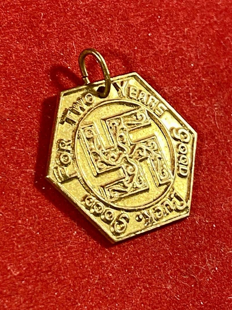 Pre WW2 Gilt Metal Swastika Token 'FOR TWO YEARS OF GOOD LUCK - GOOD LUCK' c1930 — image 3