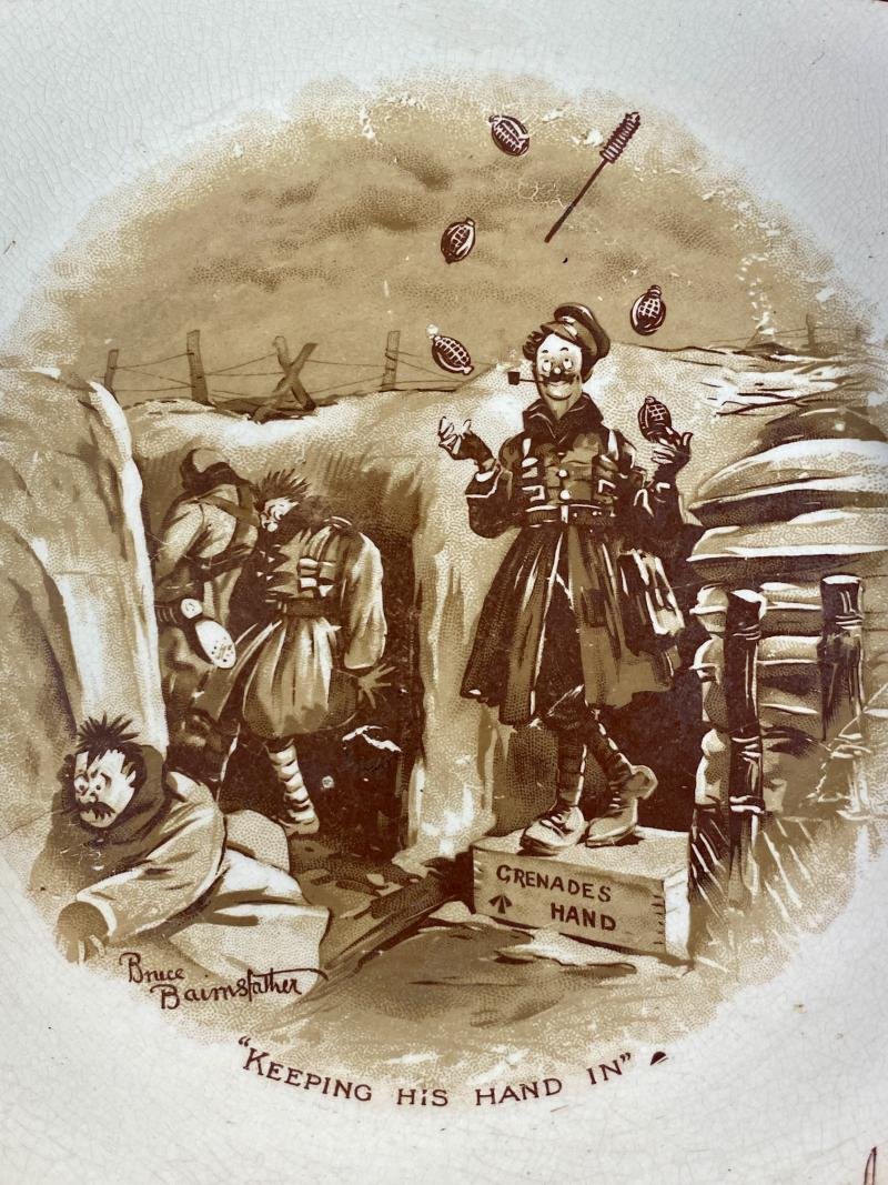 Large WW1 Bruce Bairnsfather 9' Commemorative Dish Depicting a Juggling Grenades Cartoon and the words 'KEEPING HIS HAND IN?' — image 2