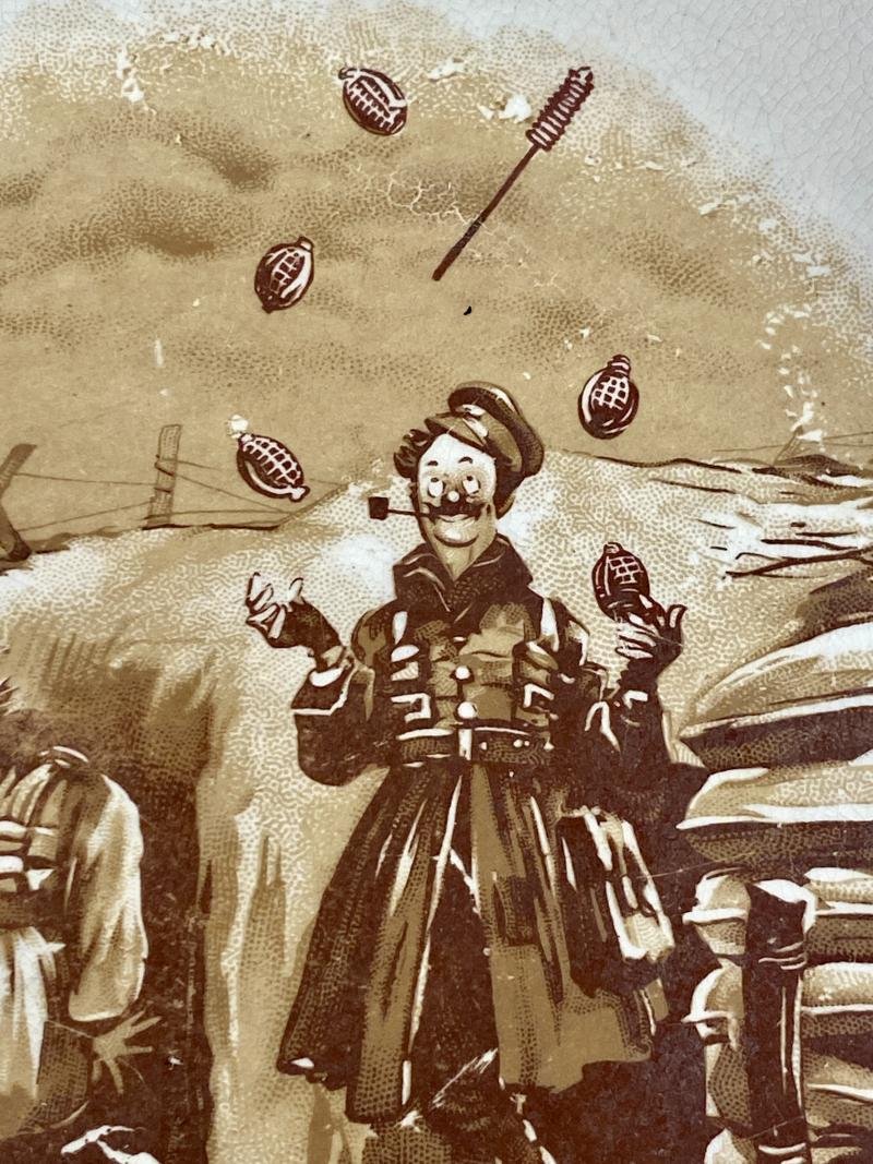 Large WW1 Bruce Bairnsfather 9' Commemorative Dish Depicting a Juggling Grenades Cartoon and the words 'KEEPING HIS HAND IN?' — image 3
