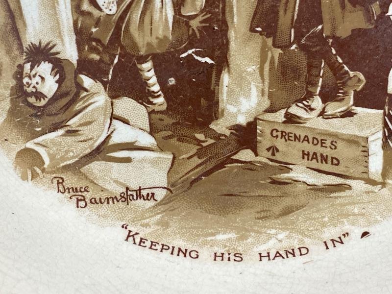 Large WW1 Bruce Bairnsfather 9' Commemorative Dish Depicting a Juggling Grenades Cartoon and the words 'KEEPING HIS HAND IN?' — image 4
