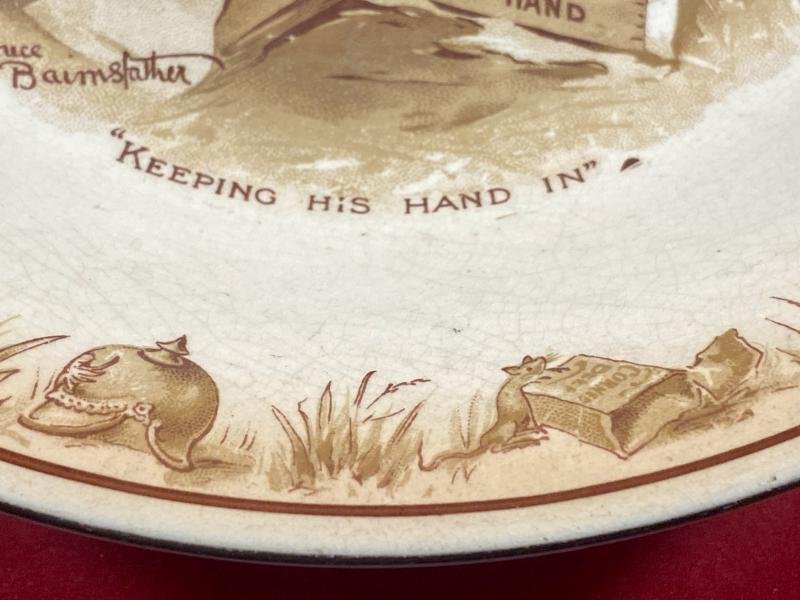 Large WW1 Bruce Bairnsfather 9' Commemorative Dish Depicting a Juggling Grenades Cartoon and the words 'KEEPING HIS HAND IN?' — image 6