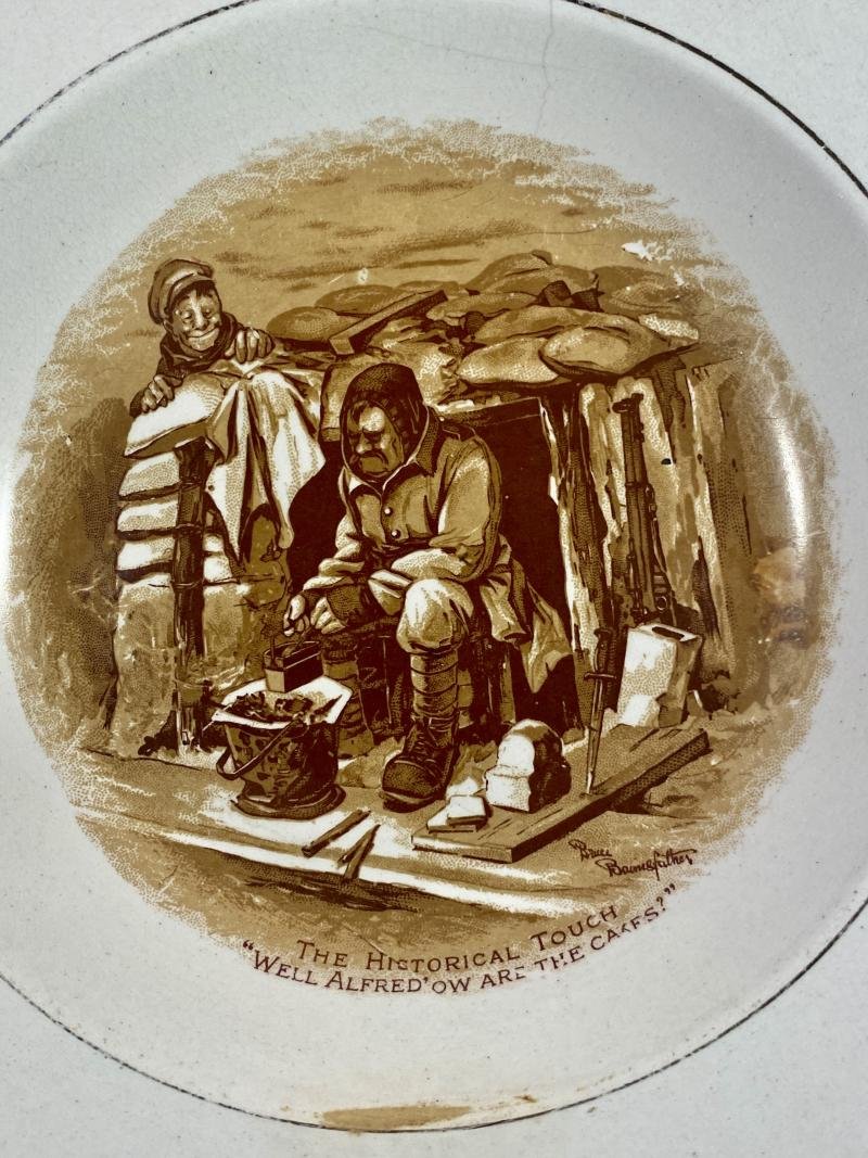 WW1 Bruce Bairnsfather 8.25' Commemorative Dish Depicting a Cooking Cartoon and the words THE HISTORICAL TOUCH – 'WELL ALFRED OW ARE THE CAKES?' — image 2
