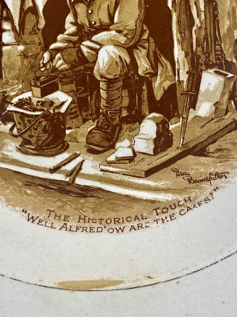 WW1 Bruce Bairnsfather 8.25' Commemorative Dish Depicting a Cooking Cartoon and the words THE HISTORICAL TOUCH – 'WELL ALFRED OW ARE THE CAKES?' — image 4