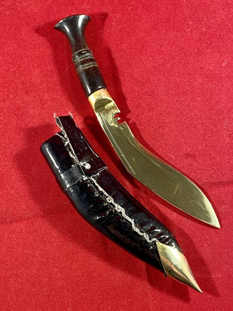 Vintage Miniature Brass Kukri Knife with Carved Horn Grip and Sheath — image 3