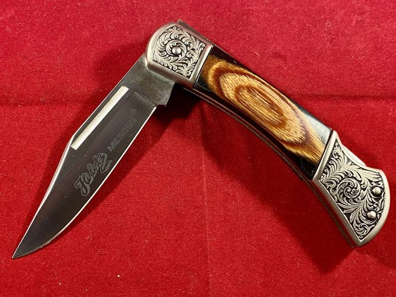 Mint Ornate Vintage Folding Lock Knife by Herbertz Messer with Lined Wooden Box — image 8