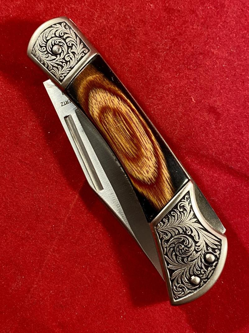 Mint Ornate Vintage Folding Lock Knife by Herbertz Messer with Lined Wooden Box — image 9