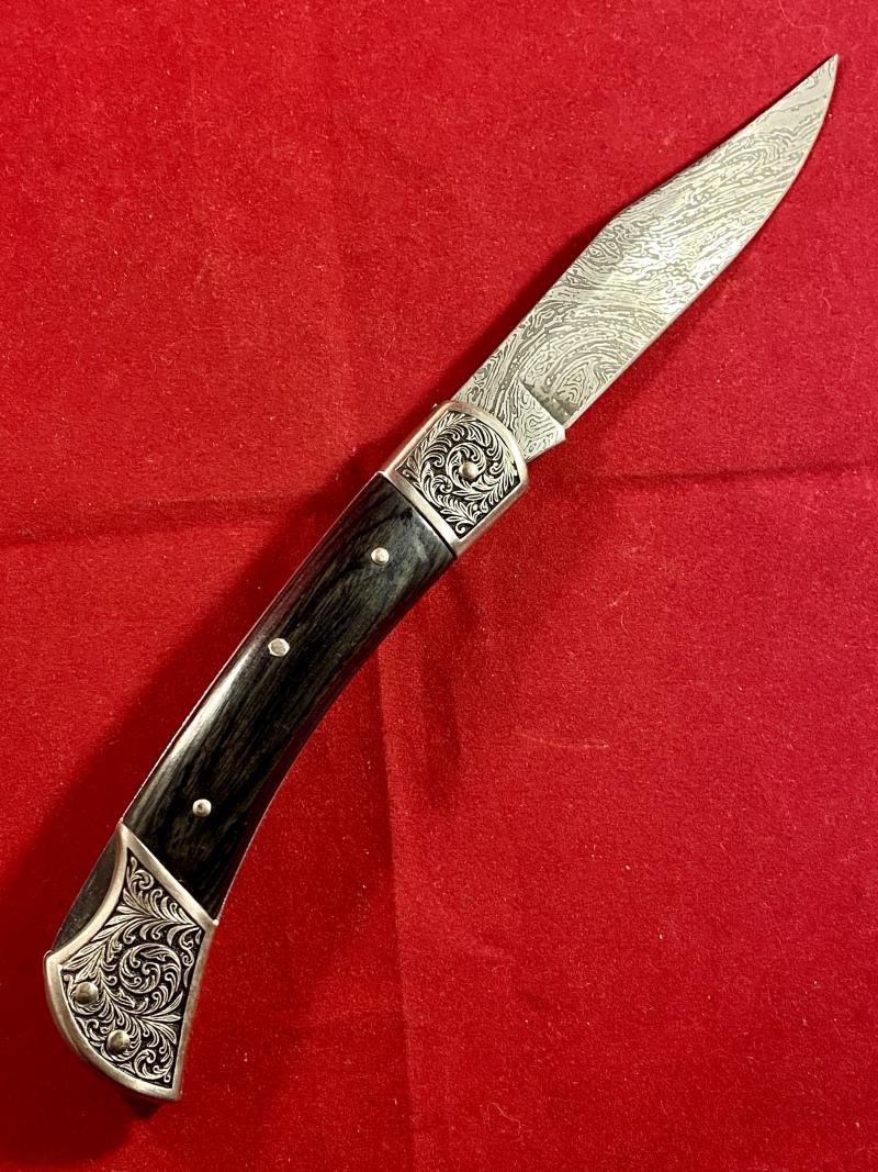 Stunning Vintage Folding Lock Knife with Damascus Blade Etched with an Eagle Scene by Herbertz Messer — image 2
