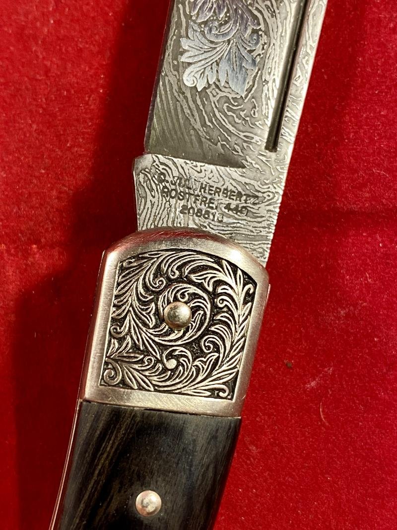 Stunning Vintage Folding Lock Knife with Damascus Blade Etched with an Eagle Scene by Herbertz Messer — image 5
