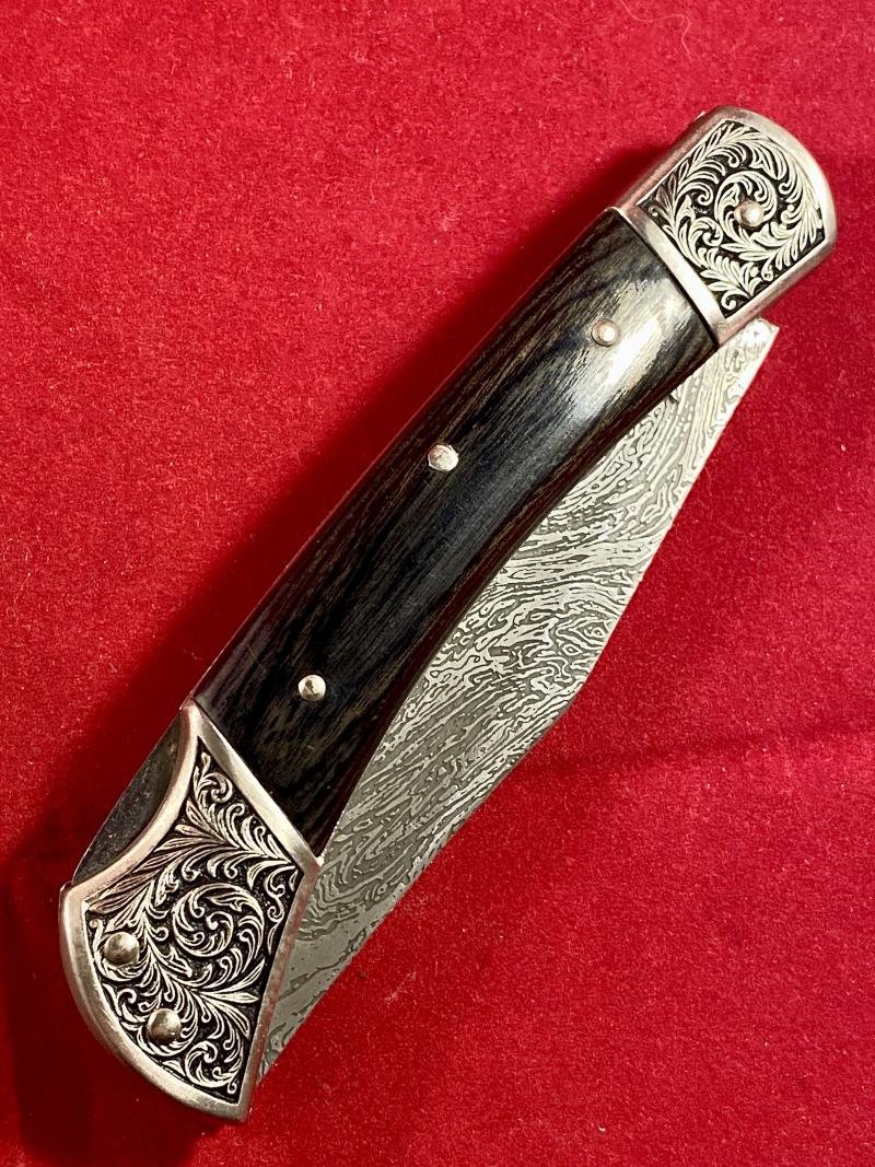 Stunning Vintage Folding Lock Knife with Damascus Blade Etched with an Eagle Scene by Herbertz Messer — image 8